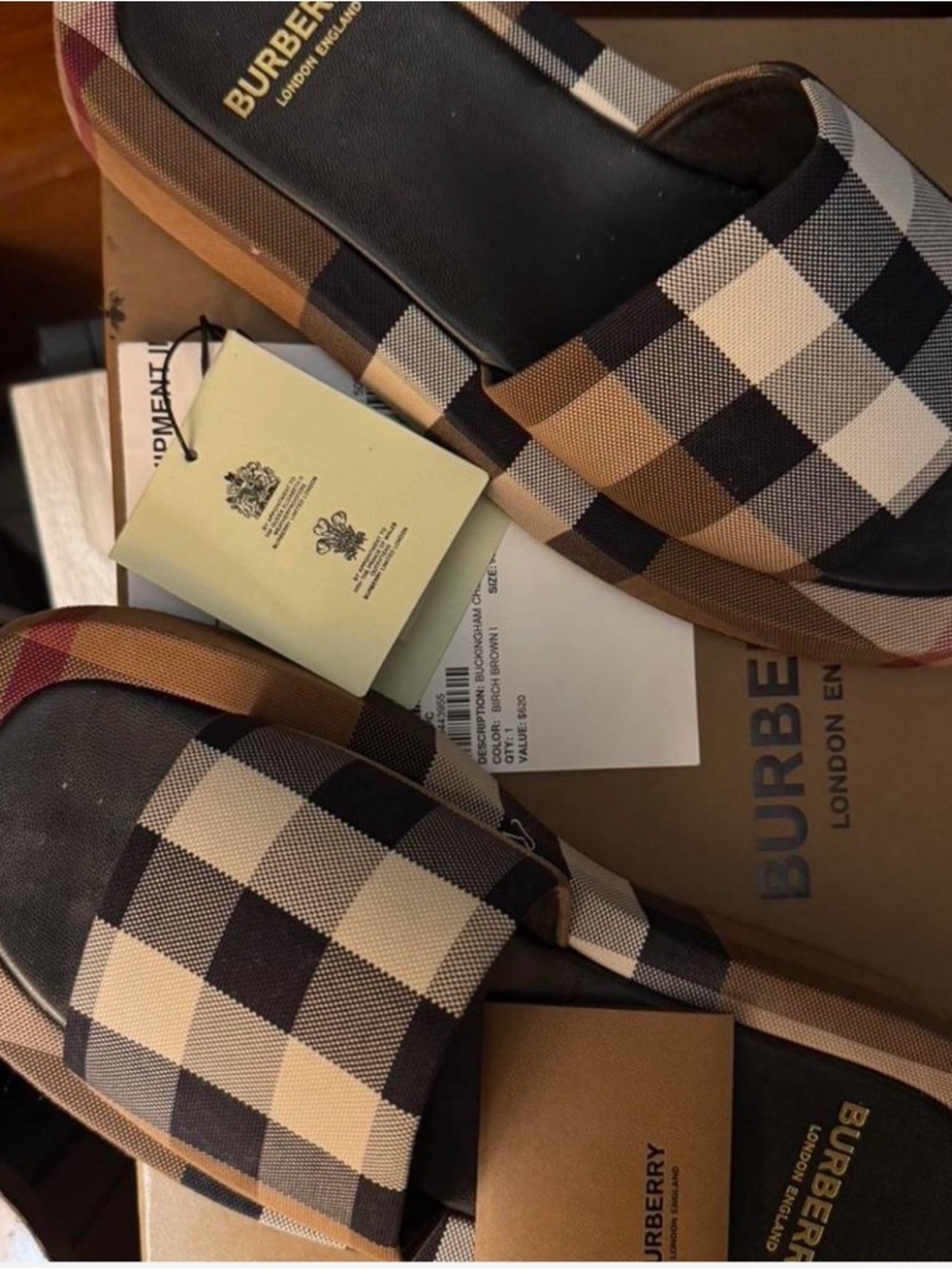 AUTHENTIC Burberry Tan Black Check Slide Sandals